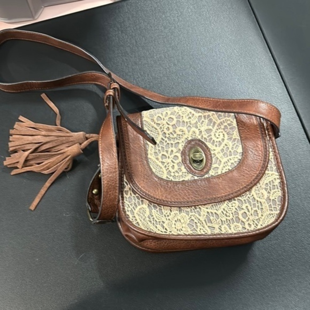 Brown Leather Crossbody Bag with Lace Accent